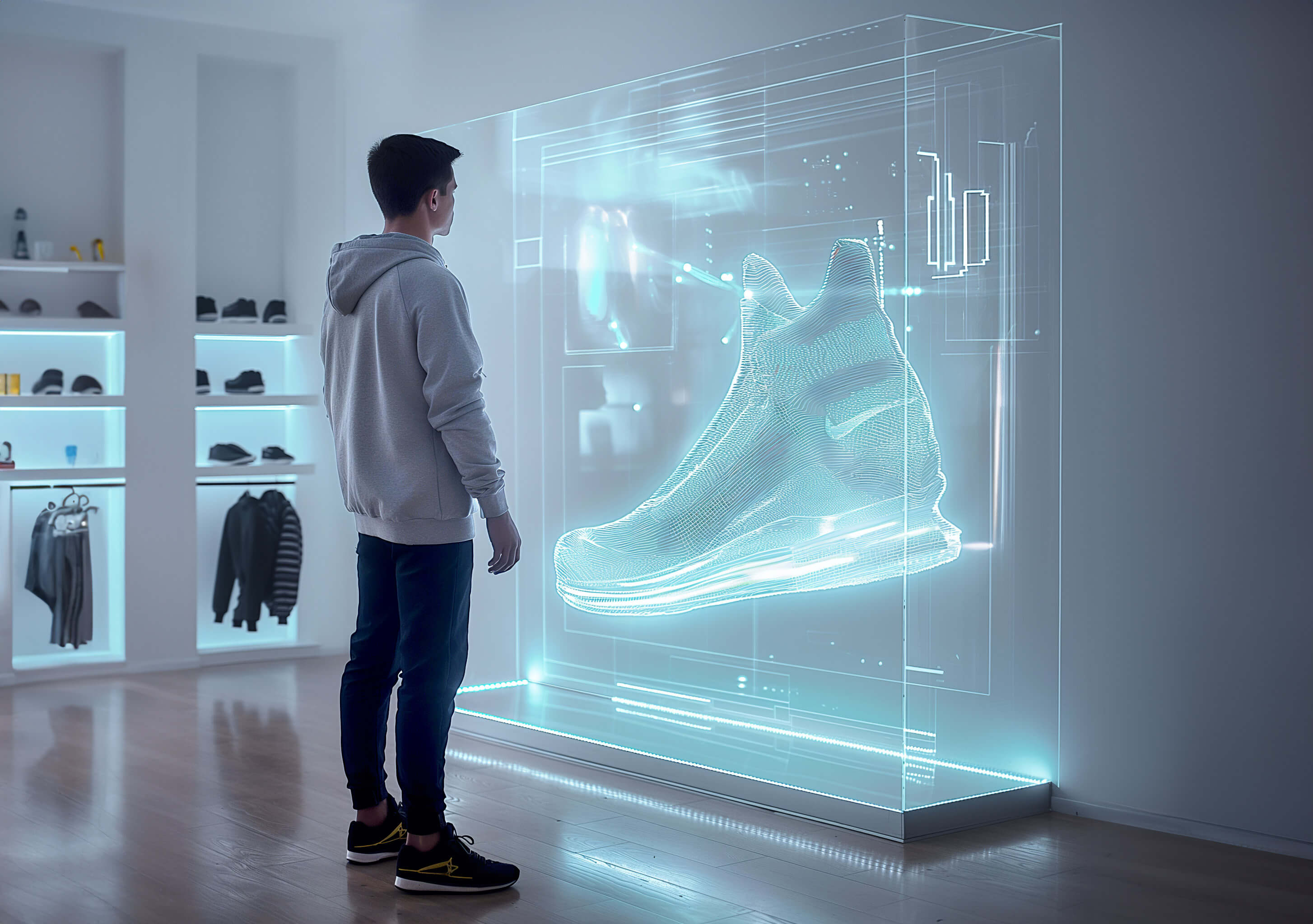 Un ragazzo guarda una vetrina di scarpe in un negozio virtuale.